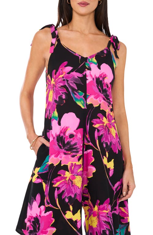 Vince Camuto Floral Print Tie Strap Crop Wide Leg Jumpsuit In Pink/rich Black