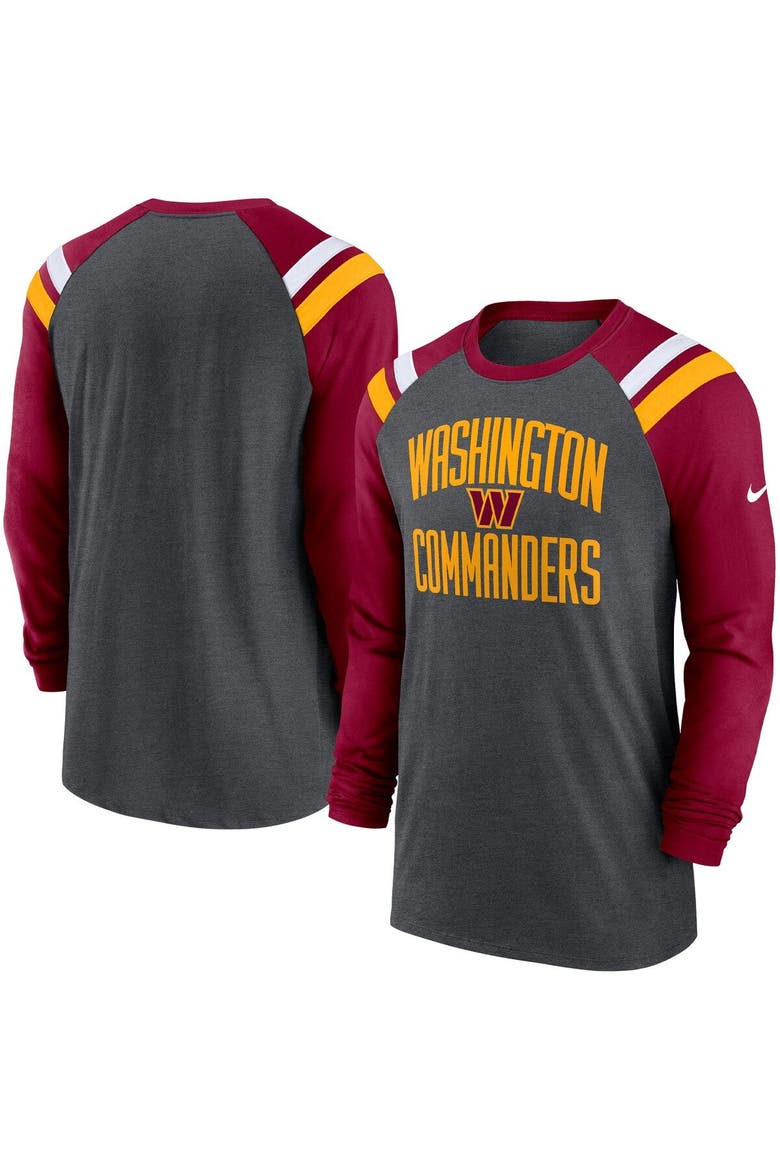 Men's Nike Heathered Charcoal/Burgundy Washington Commanders Tri-Blend Raglan Athletic Long Sleeve Fashion T-Shirt, Main, color, Heather Charcoal