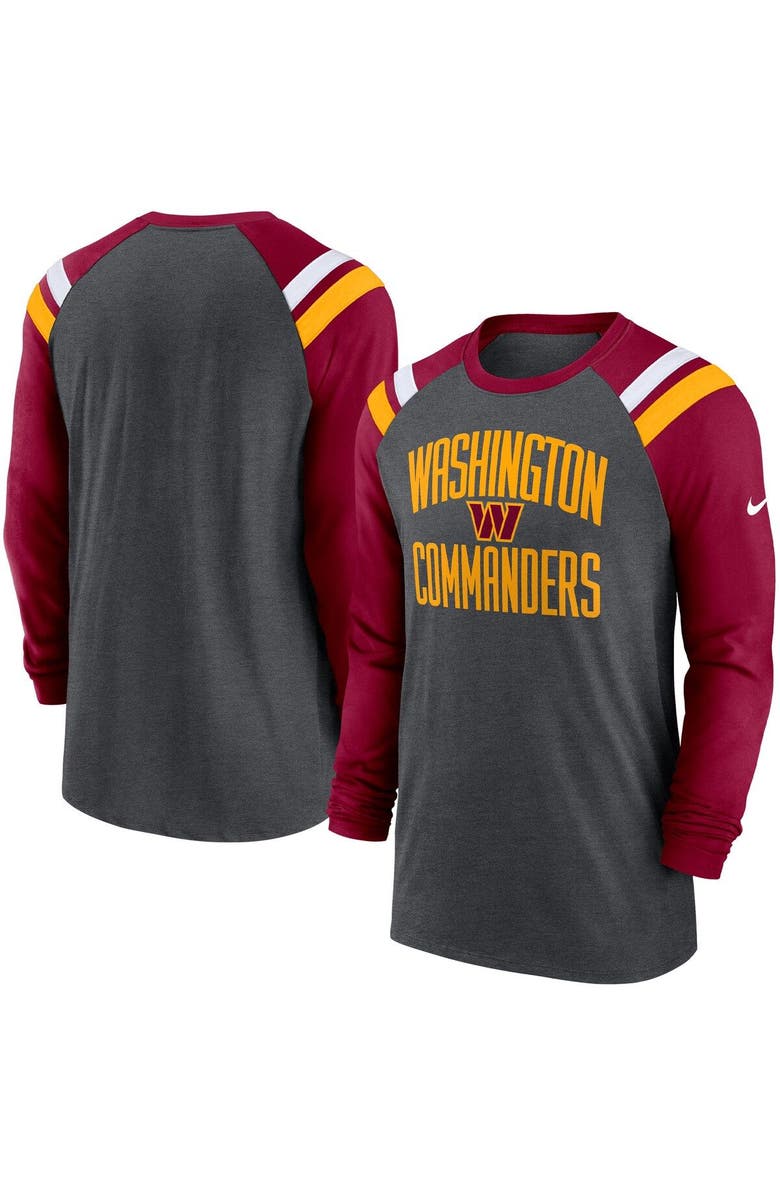 Nike Men's Nike Heathered Charcoal/Burgundy Washington Commanders Tri-Blend Raglan Athletic Long Sleeve Fashion T-Shirt, Main, color, Heather Charcoal
