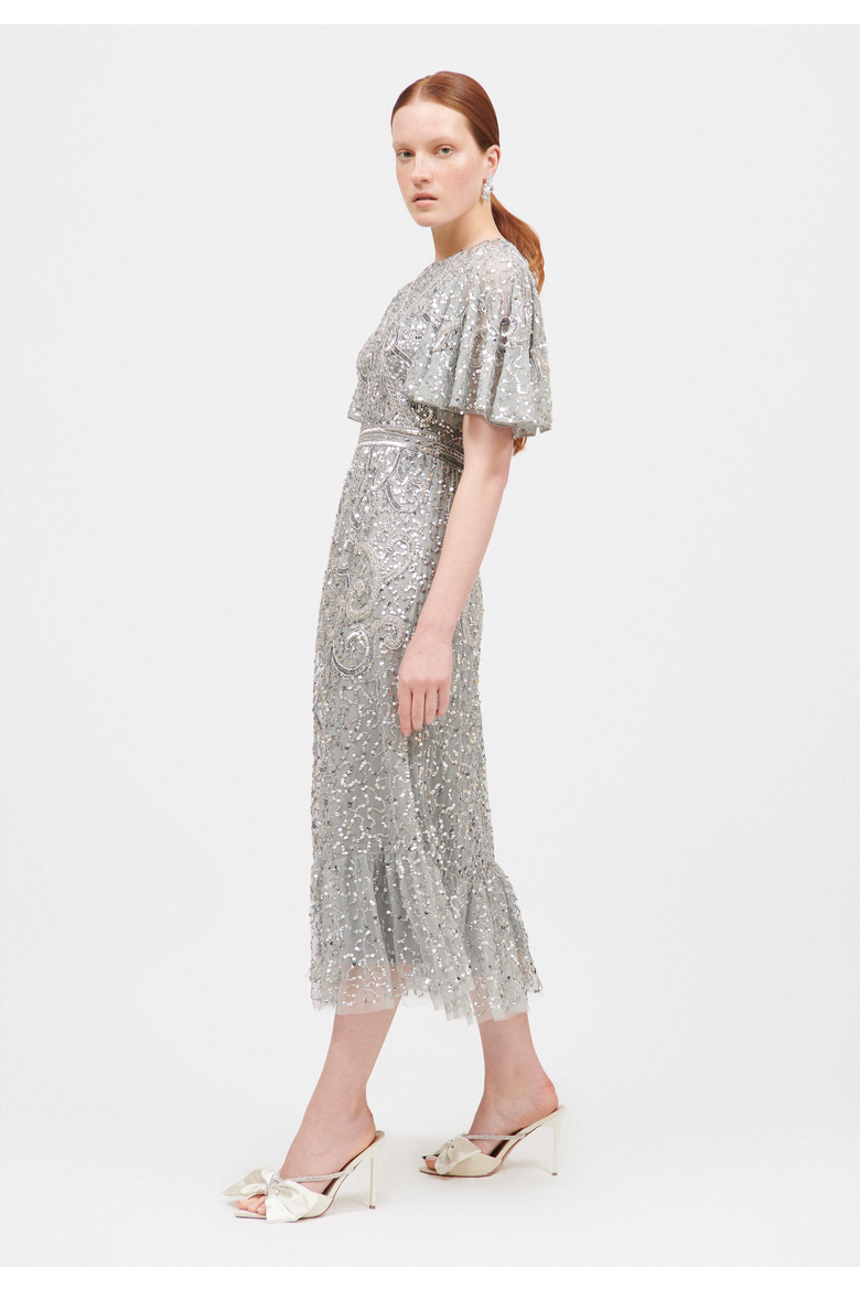 Embellished Sequin Beaded Midi Dress, Alternate, color, LIGHT GREY
