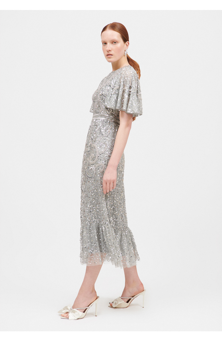 BEAUUT Embellished Sequin Beaded Midi Dress, Alternate, color, Light Grey