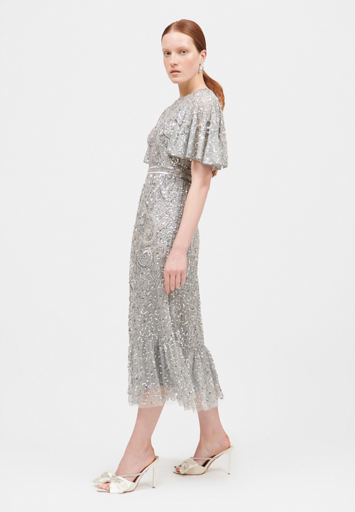 Beauut Embellished Sequin Beaded Midi Dress In Gray