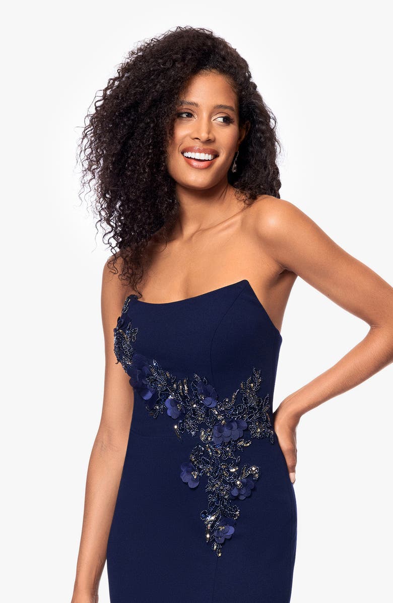 Betsy & Adam Beaded Floral Detail Strapless Scuba Crepe Gown, Alternate, color, Navy
