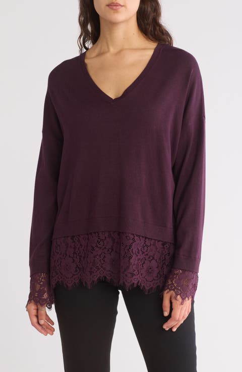 V-Neck Lace Trim Sweater