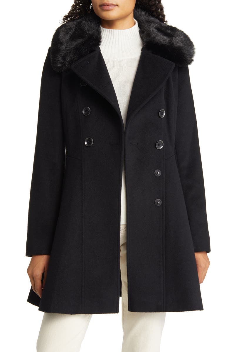 Via Spiga Women's Double Breasted Skater Faux Fur Collar Wool Blend Coat, Main, color, 