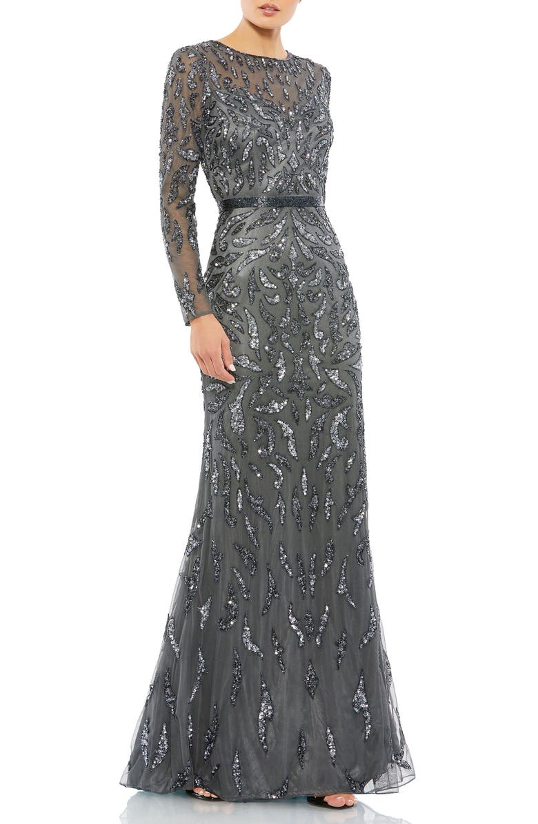 Mac Duggal Abstract Beaded Long Sleeve Evening Gown, Main, color, Charcoal