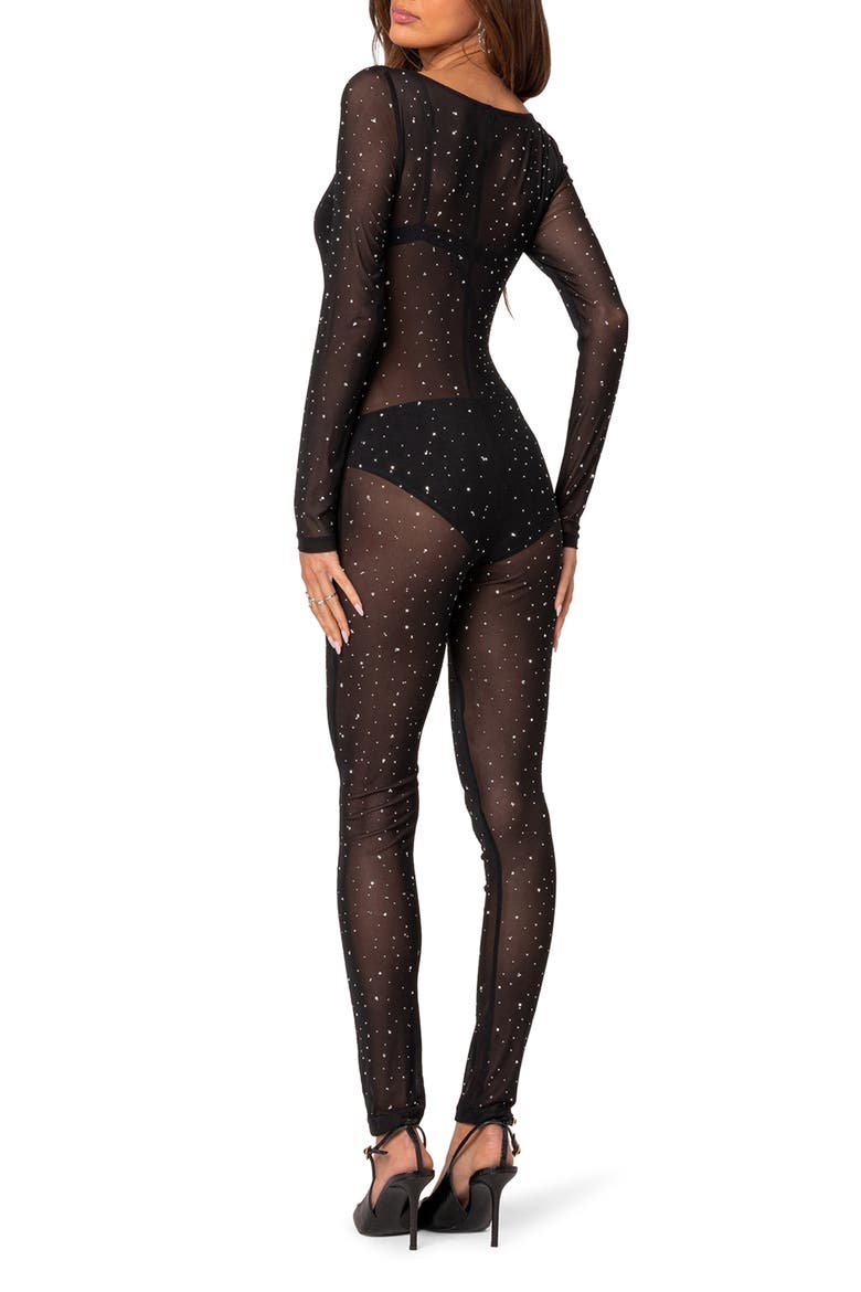 Kristine Rhinestone Sheer Long Sleeve Mesh Jumpsuit, Alternate, color, BLACK
