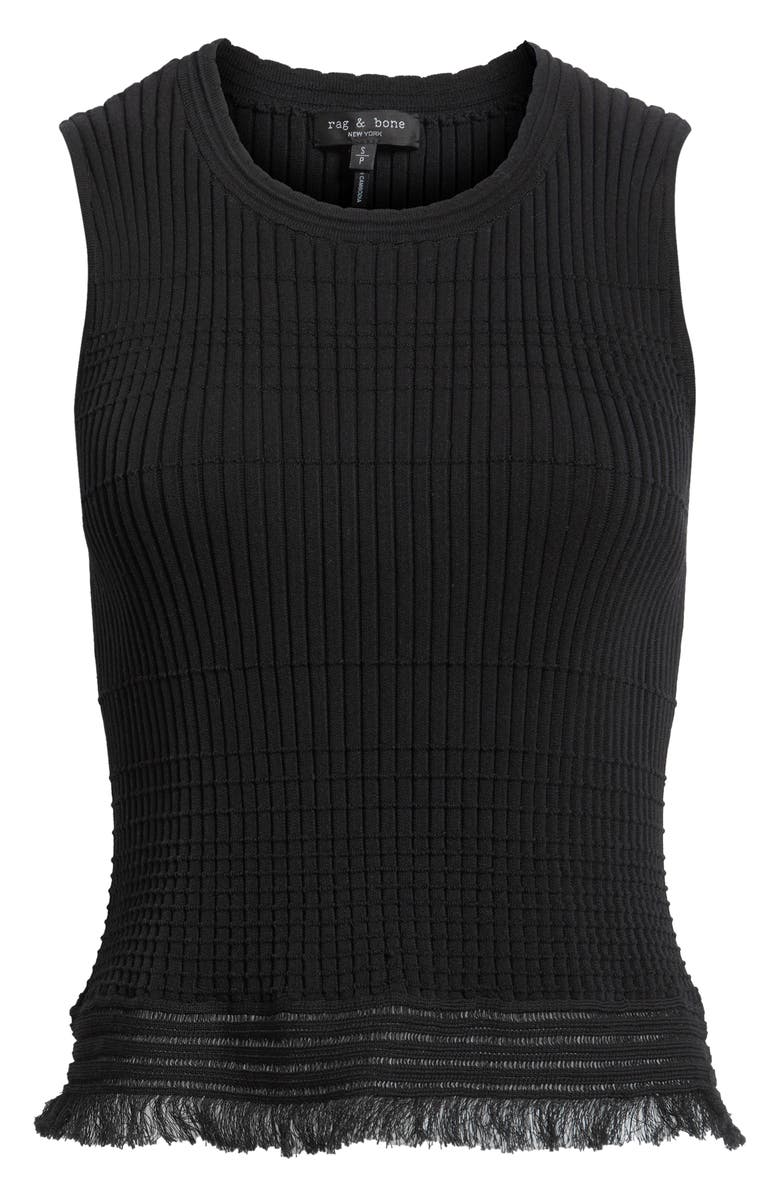 rag & bone Ayan Rib Knit Fringe Trim Tank, Alternate, color, Black