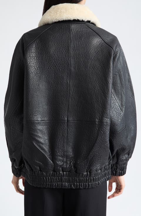 Tobie Leather Bomber Jacket with Genuine Shearling Collar