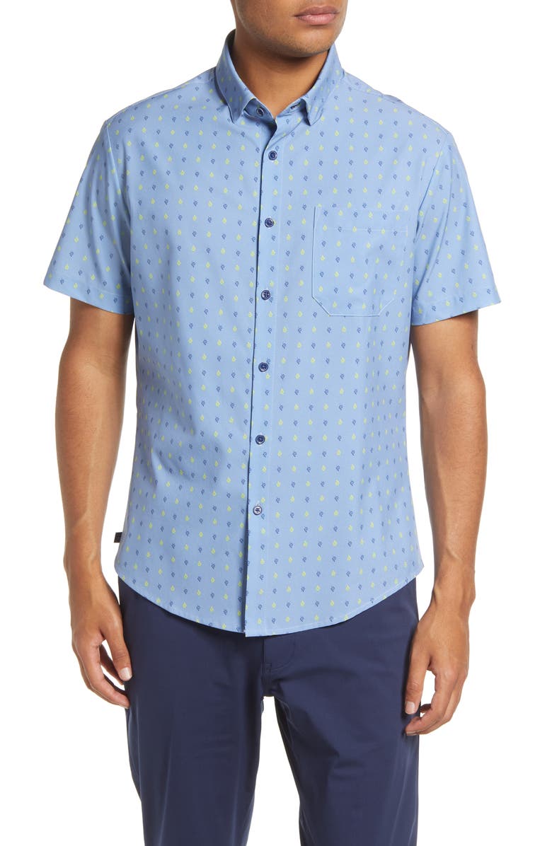Mizzen+Main Leeward Trim Fit Leaf Print Short Sleeve Performance Button-Up Shirt, Main, color, 