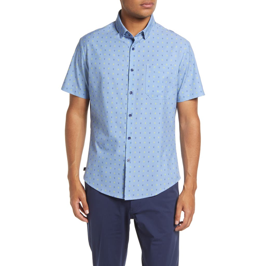 Mizzen + Main Leeward Trim Fit Leaf Print Short Sleeve Performance Button-up Shirt In Blue