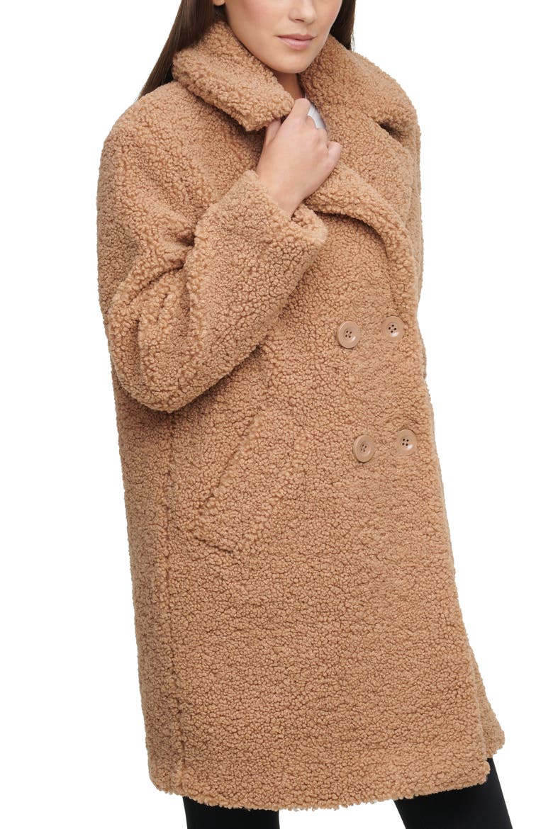 Notch Collar Curly Faux Shearling Coat, Alternate, color, CAMEL