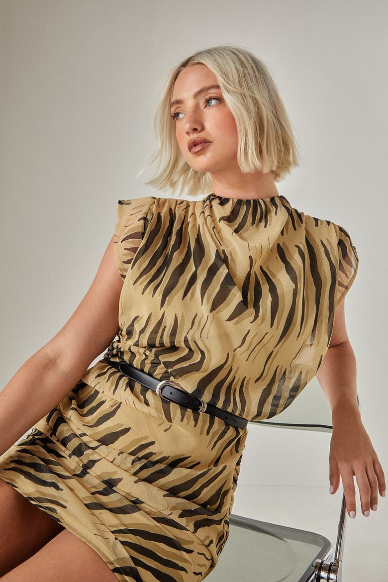 Chiffon High Neck Ruched Mini Dress, Alternate, color, Stone