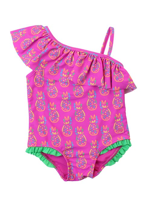 Shop Rufflebutts Girls Upf50+ Sun Protection One Shoulder Ruffle One Piece In Neon Violet Pineapples