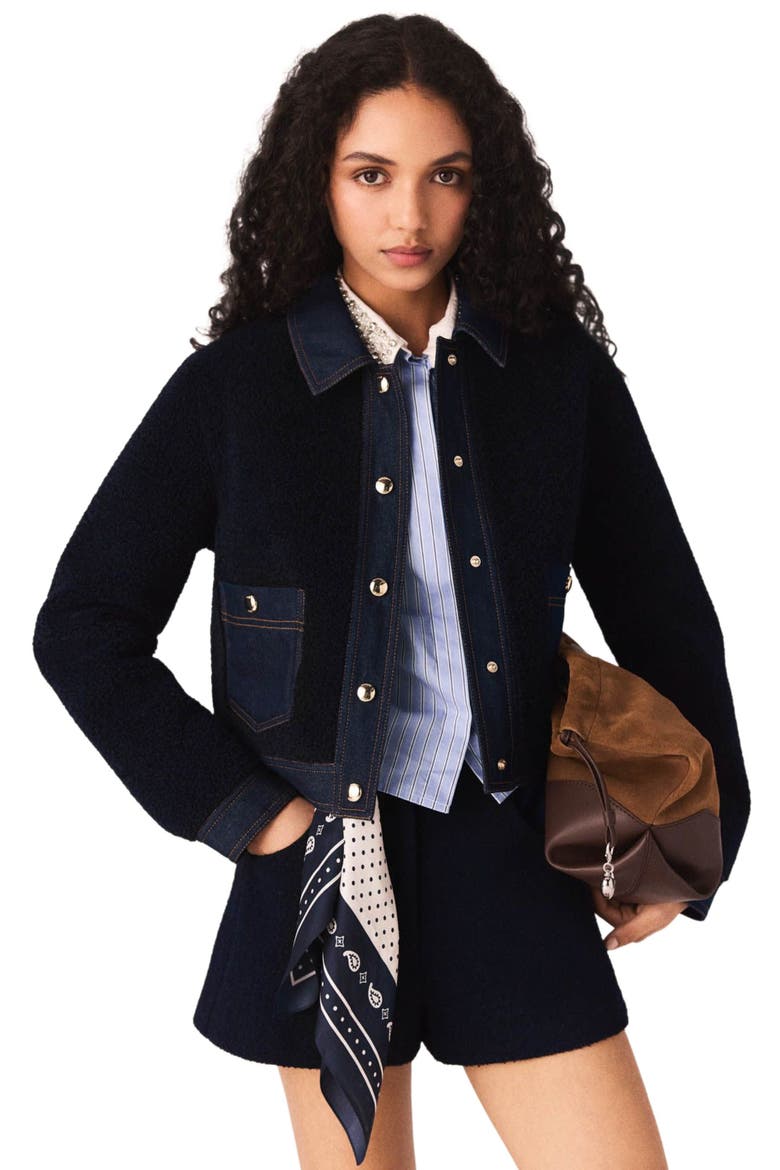 Bouclé and denim-detail jacket, Main, color, Navy