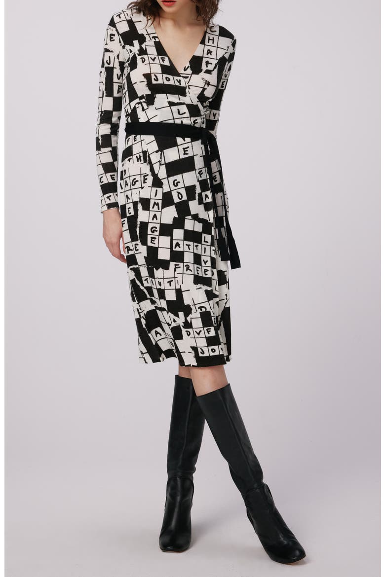 Luella Crossword Print Long Sleeve Merino Wool Wrap Dress, Alternate, color, DVF 50TH CROSS WORD IVORY MED