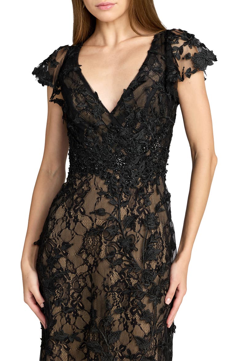 Embroidered Applique Wrap Over Flutter Sleeve Gown, Alternate, color, Black Nude