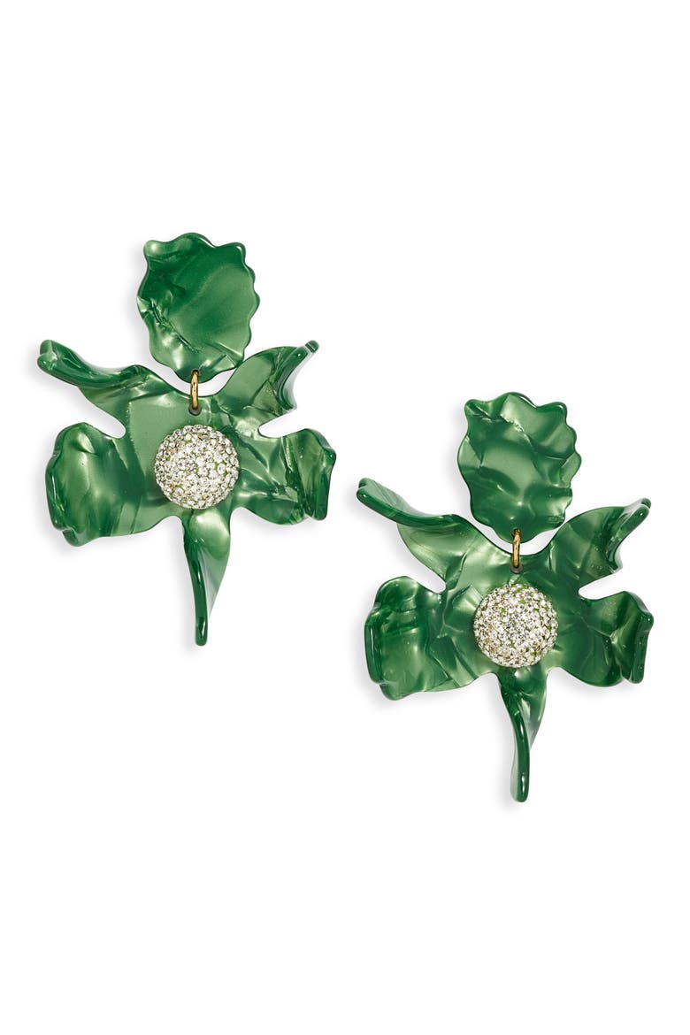 Crystal Lily Drop Earrings, Main, color, LEAF GREEN