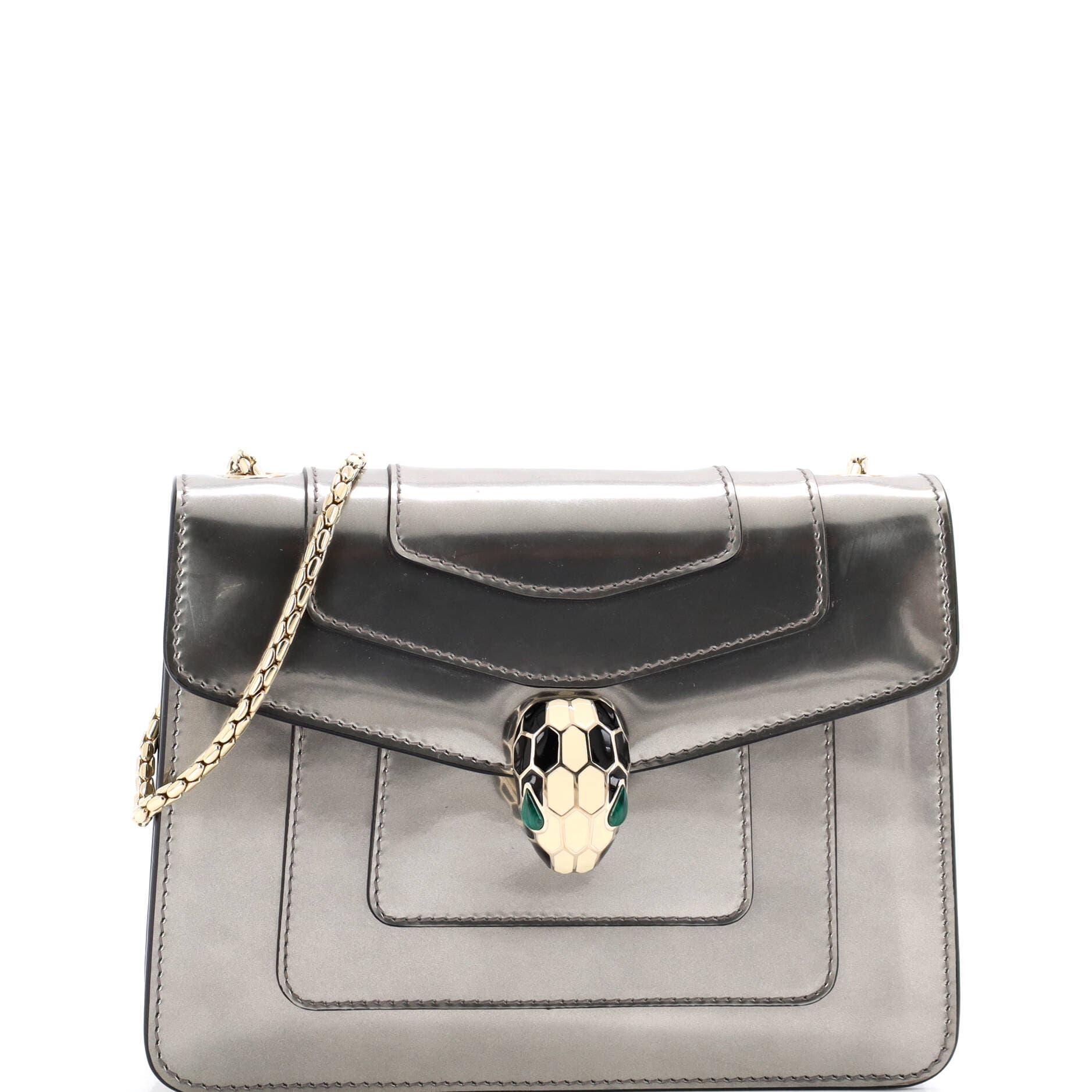 Serpenti Forever Square Shoulder Bag Metallic Leather Small, Main, color, Grey