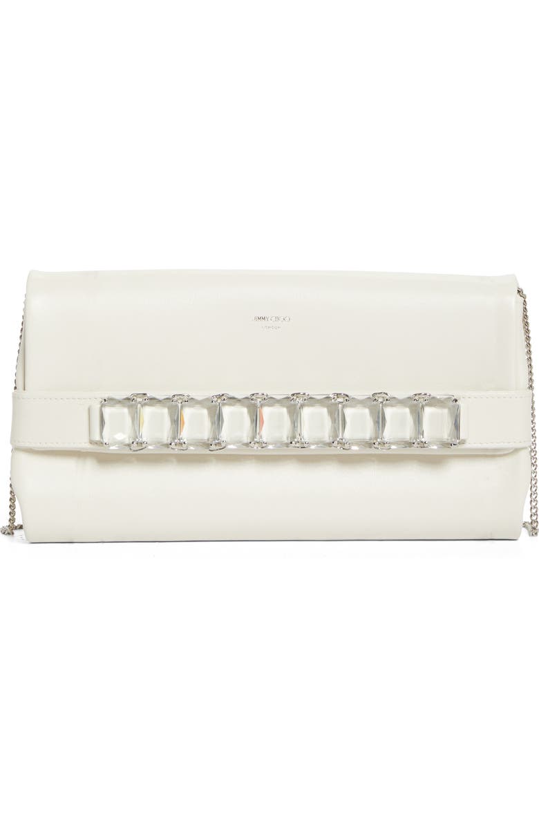 Jimmy Choo Kya Crystal Embellished Leather Clutch, Main, color, Latte/ Crystal