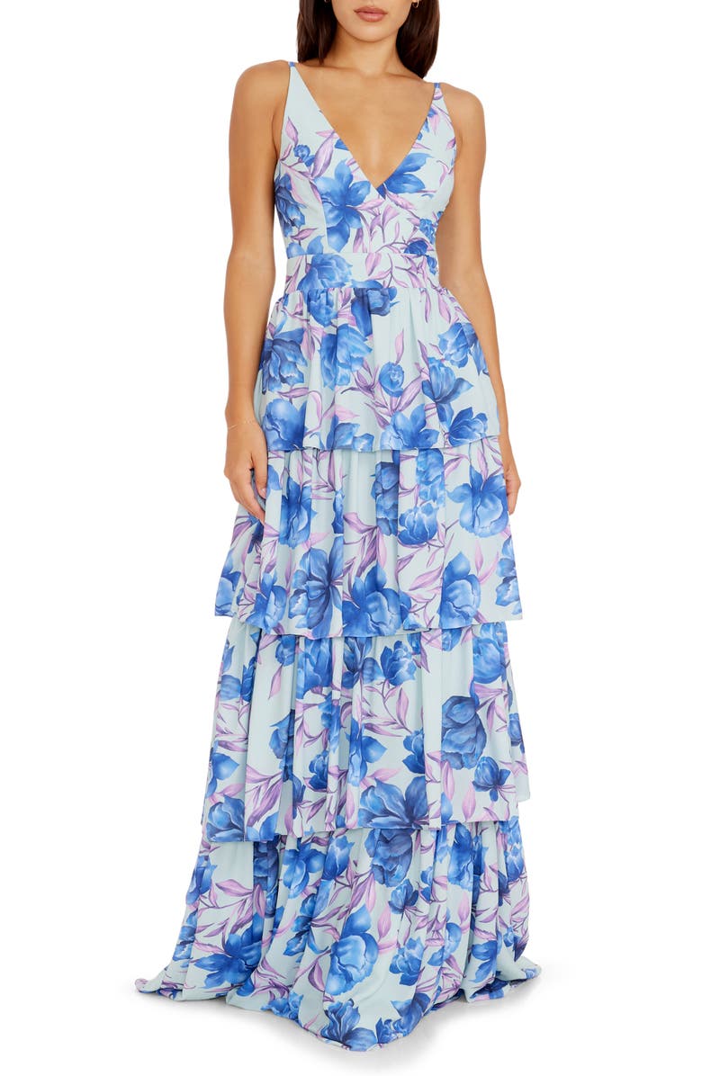 Dress the Population Lorain Floral Print Tiered Ruffle Gown, Main, color,