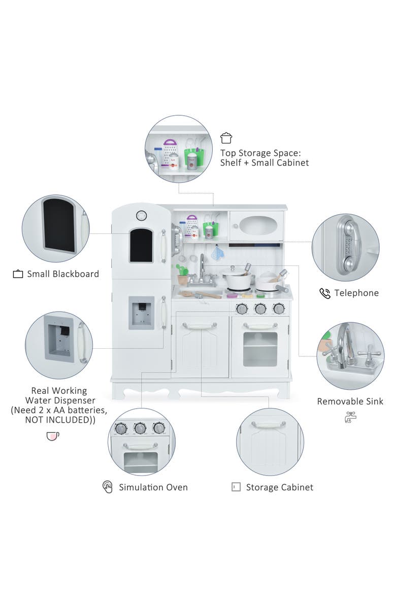 Qaba Large Kids Kitchen Playset With Telephone, Water Dispenser​, Alternate, color, White;