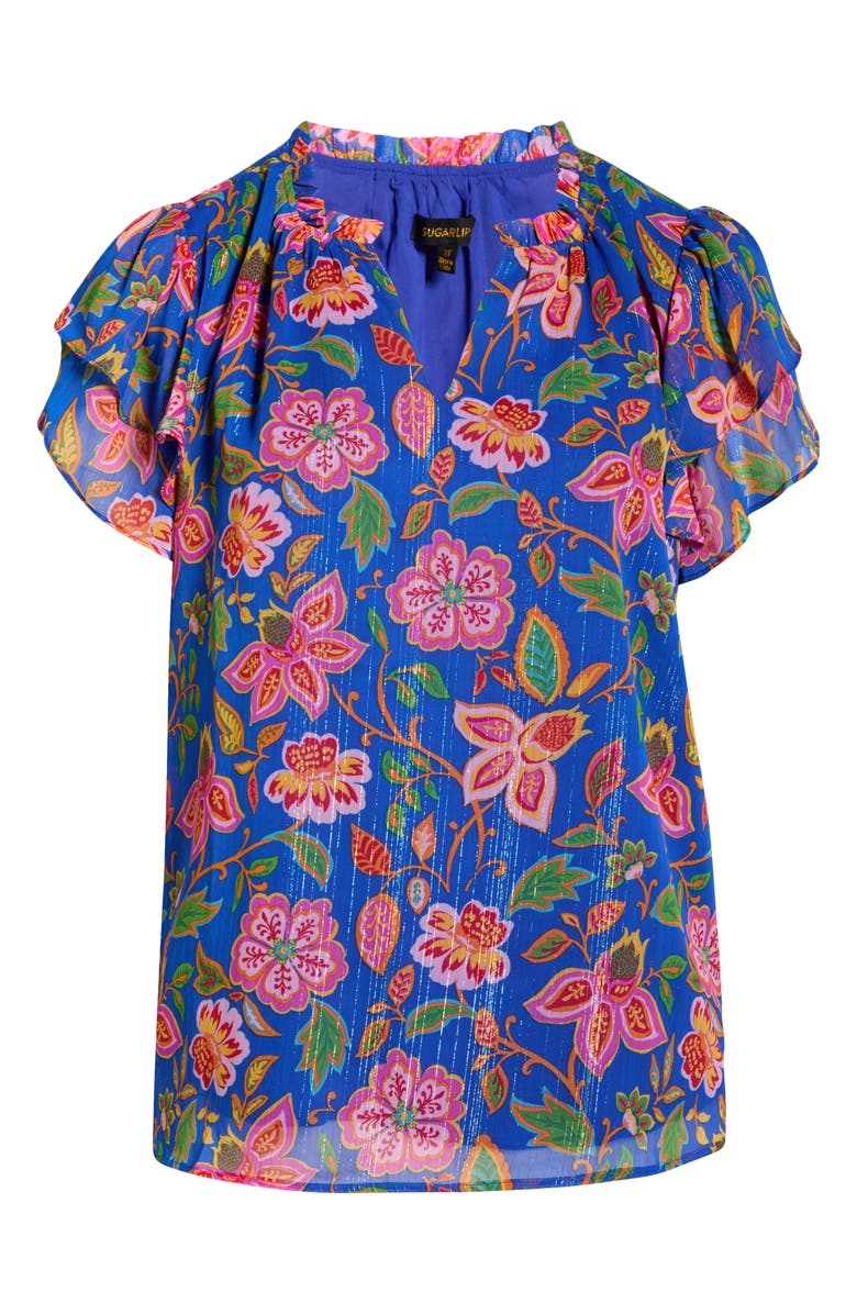 SUGARLIPS Wendey Metallic Floral Print Top, Alternate, color, Blue-Multi