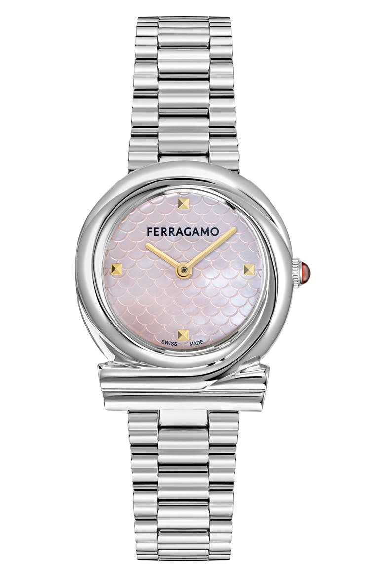 Gancini Mother-of-Pearl Twisted Bracelet Watch, 32mm, Main, color, STAINLESS STEEL