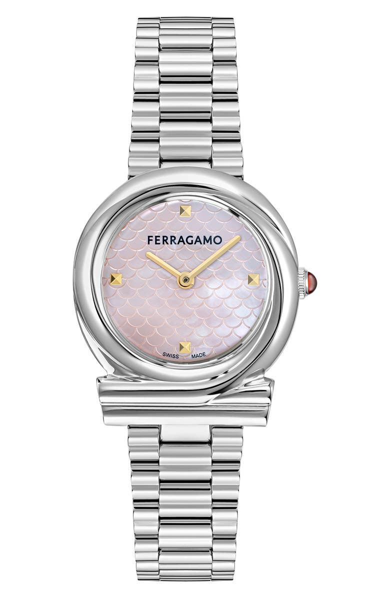 FERRAGAMO Gancini Mother-of-Pearl Twisted Bracelet Watch, 32mm, Main, color, Stainless Steel