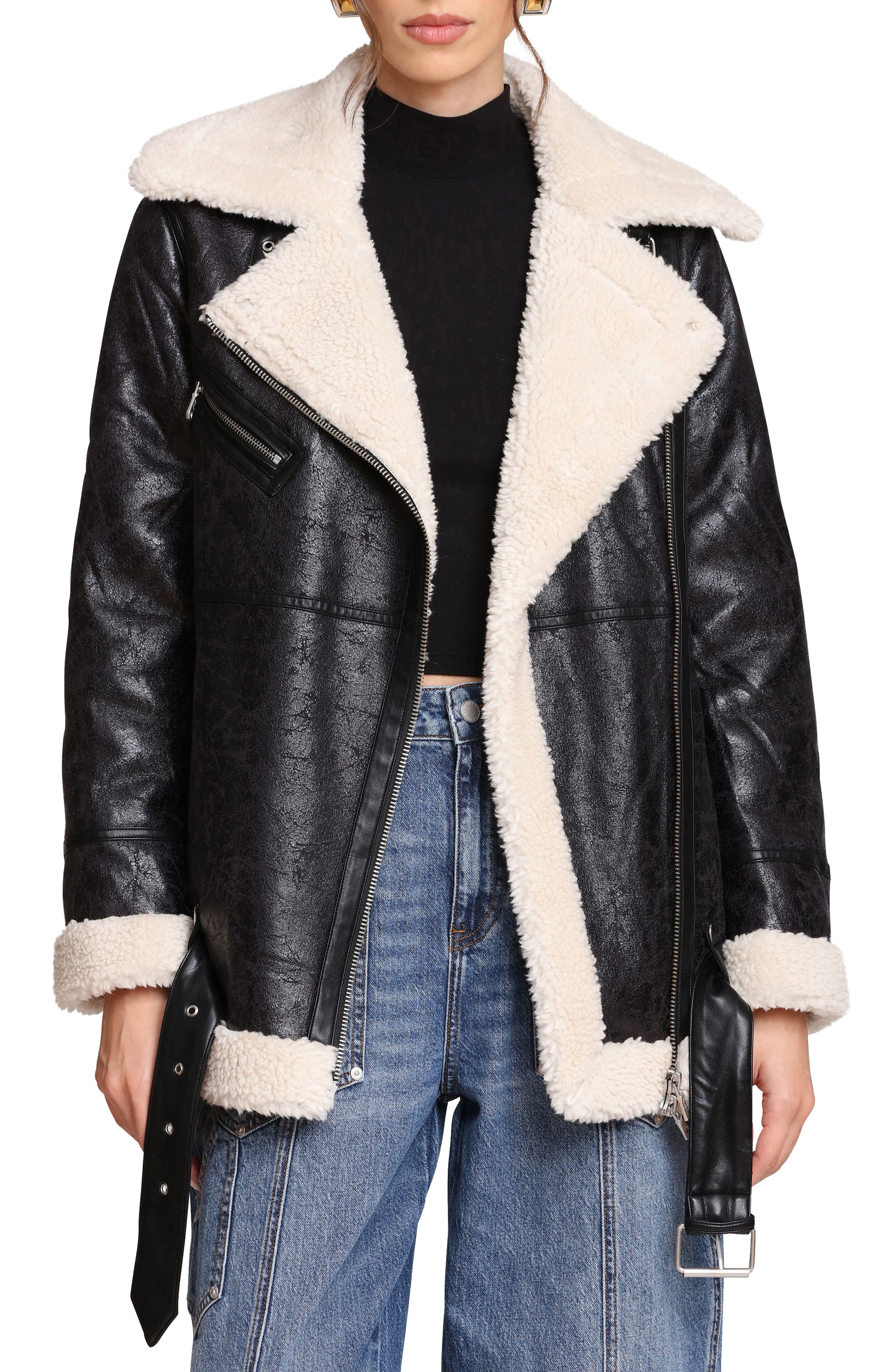Avec Les Filles Faux Leather Biker Jacket with Faux Shearling Collar