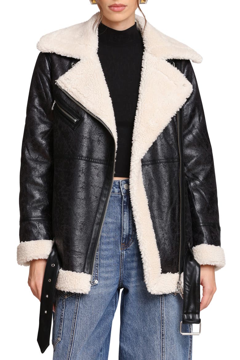 Faux Leather Biker Jacket with Faux Shearling Collar, Main, color, BLACK-CREAM
