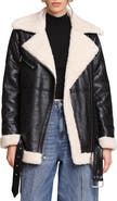 Avec Les Filles Faux Leather Biker Jacket with Faux Shearling Collar