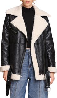 Avec Les Filles Faux Leather Biker Jacket with Faux Shearling Collar