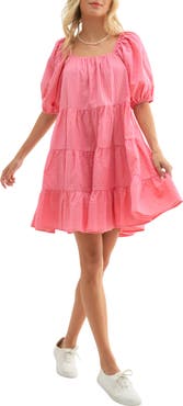 WISHLIST Plaid Puff Sleeve Cotton Blend Tiered Minidress