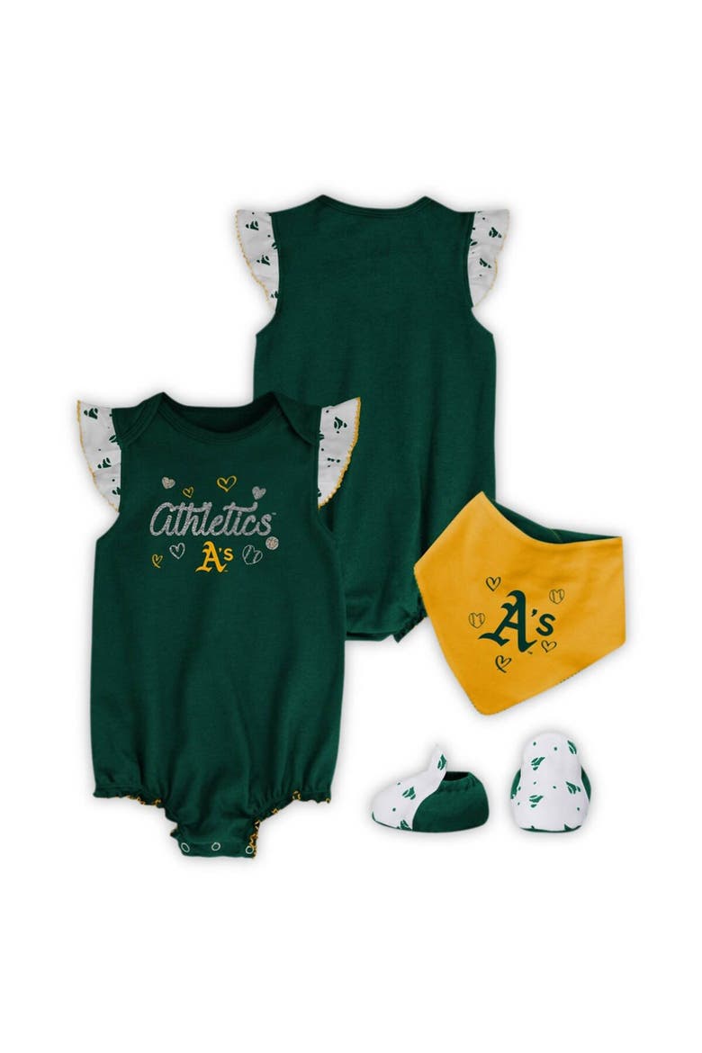 Girls Newborn & Infant Green Oakland Athletics 3-Piece Home Plate Bodysuit Bib & Booties Set, Alternate, color, Green