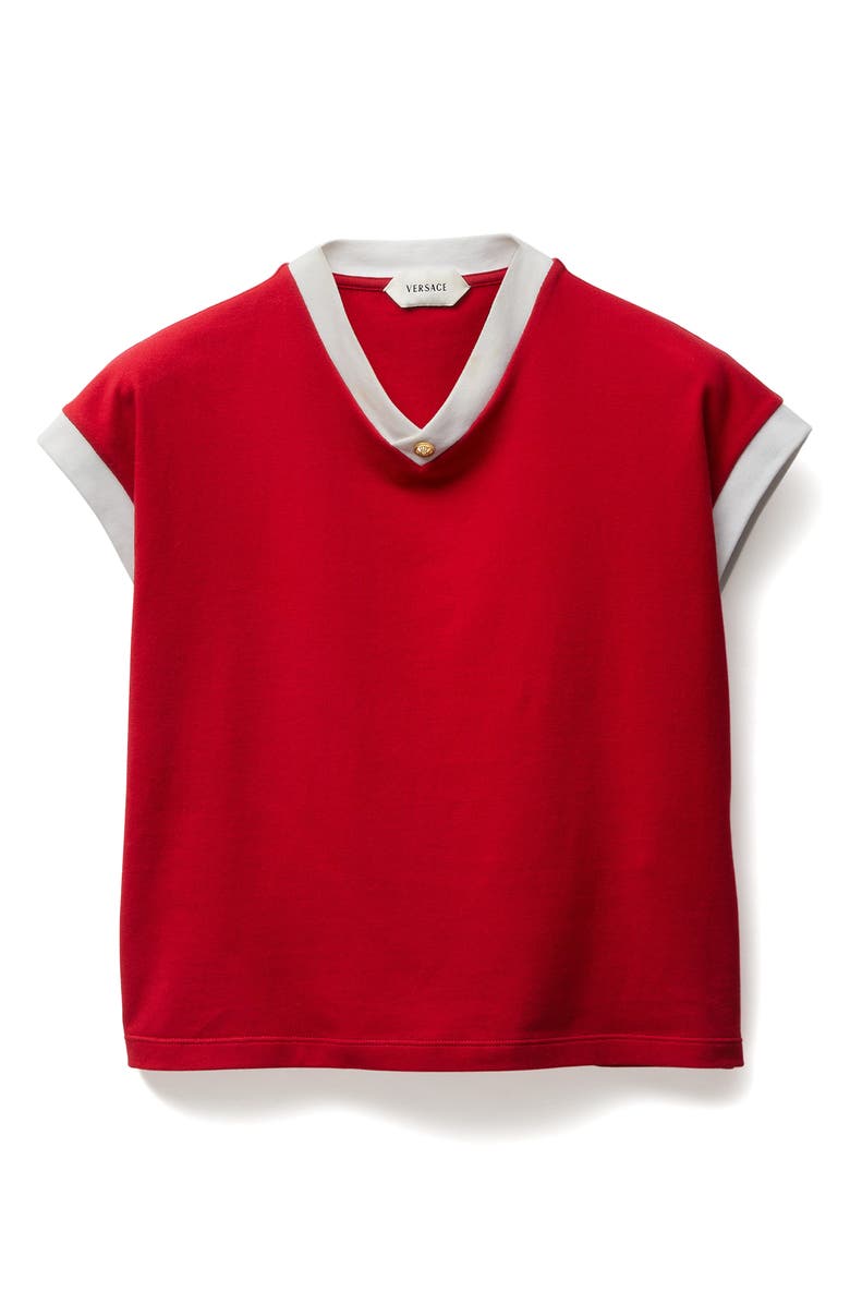 Versace Cotton Ringer V-Neck T-Shirt, Alternate, color, Lipstick Red White
