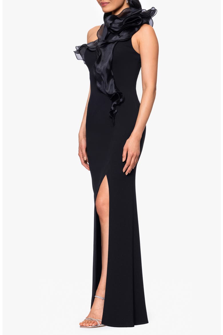 Organza Ruffle One-Shoulder Scuba Crepe Gown, Alternate, color, BLACK