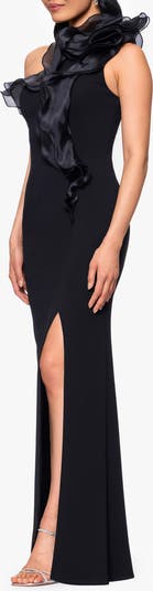 Satin Ruffle Detail Strapless Scuba Crepe Corset Gown