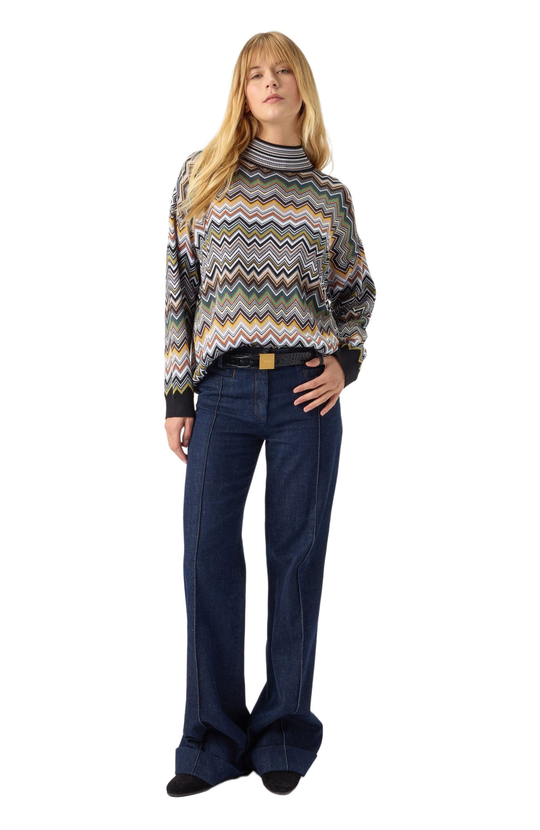 Oversized High-neck Sweater With Chevron Pattern