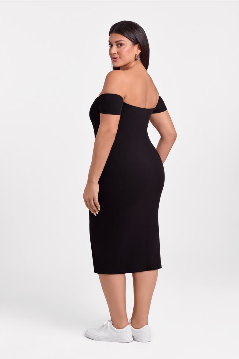 Sculpting Shapewear Rib Straight Neck Off The Shoulder Midi Dress, Alternate, color, Onyx Black Rib