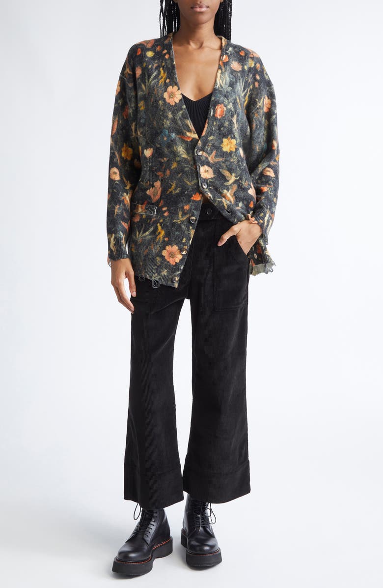 R13 Oversize Floral Merino Wool Boyfriend Cardigan, Alternate, color, Floral With Angels Black