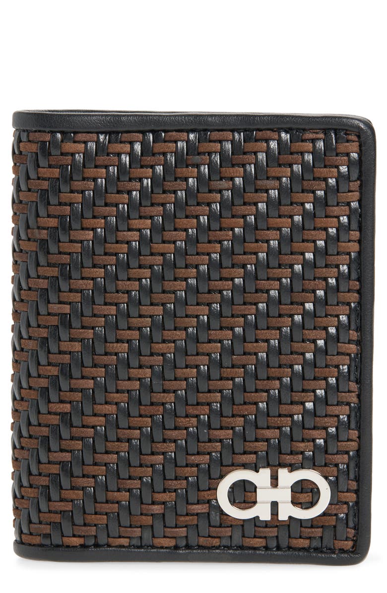 FERRAGAMO Gancio Woven Leather Bifold Card Holder, Main, color, T.moro/ Nero