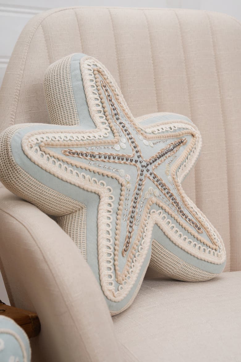 Beaded Starfish Embellished Mini Accent Pillow 14", Alternate, color, Blue