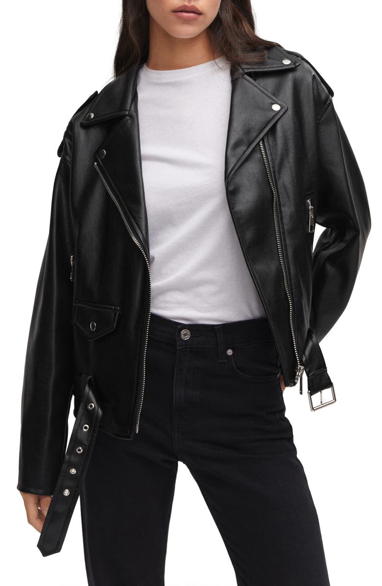 MANGO Oversize Faux Leather Moto Jacket, Main, color, 