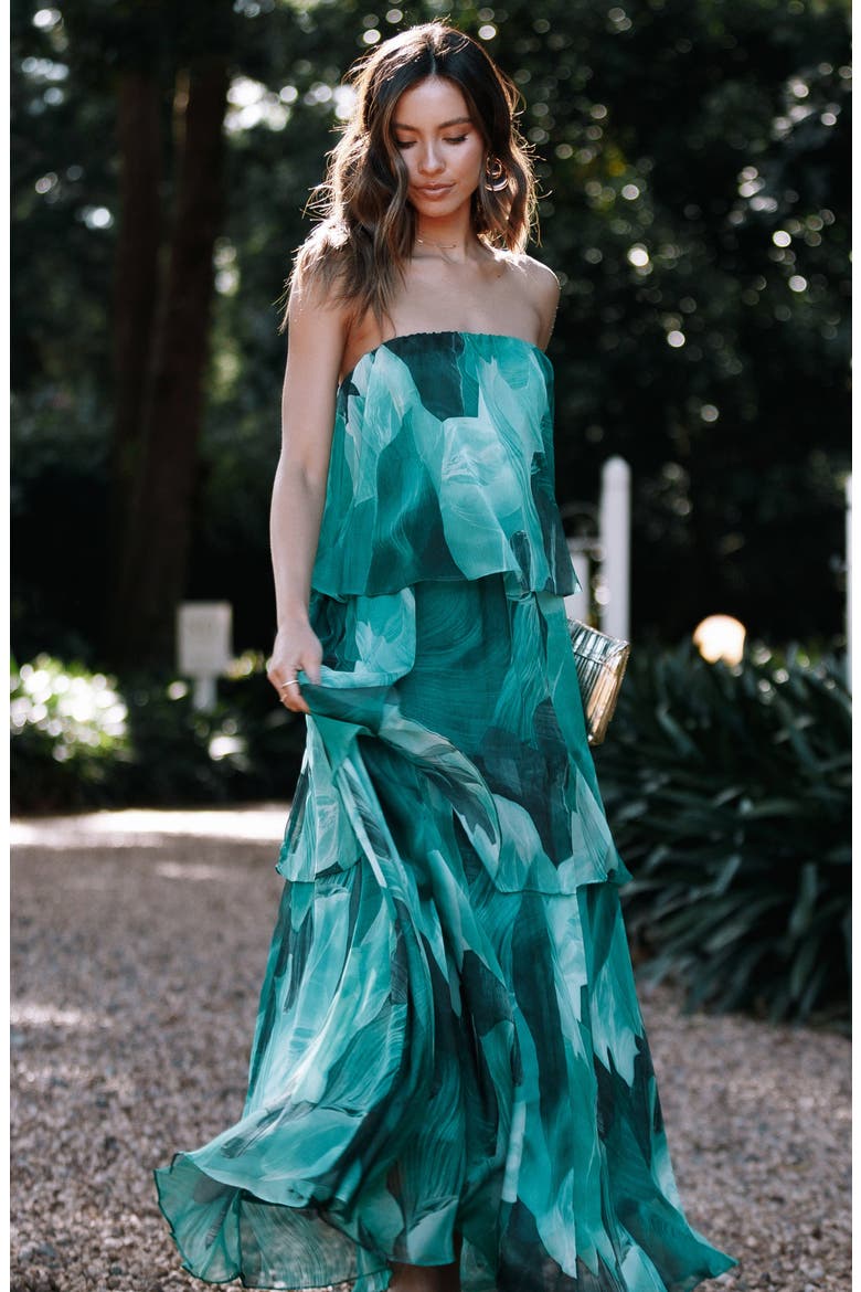 Bloom Strapless Tiered Chiffon Maxi Dress, Alternate, color, GREEN FLORAL