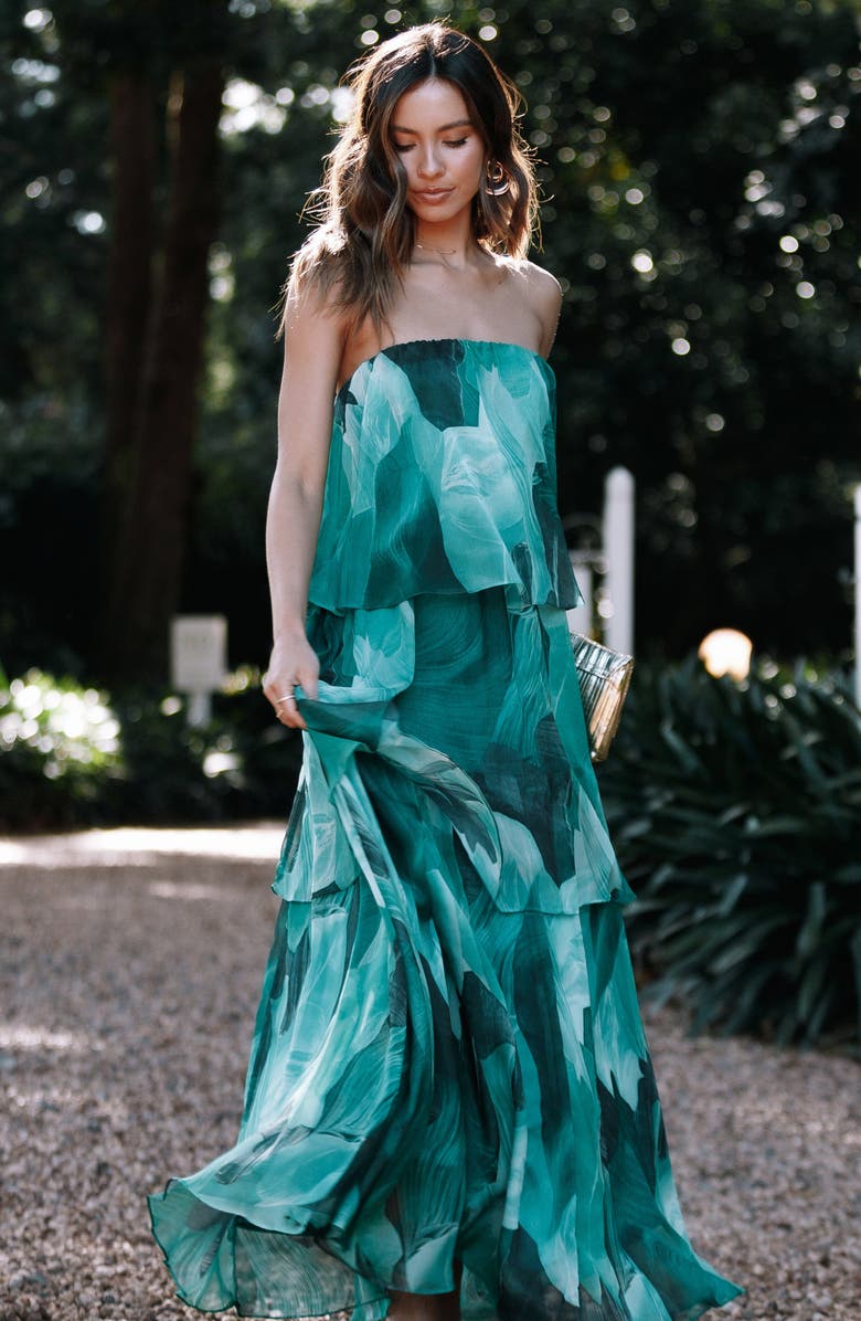 Petal & Pup Bloom Strapless Tiered Chiffon Maxi Dress, Alternate, color, Green Floral