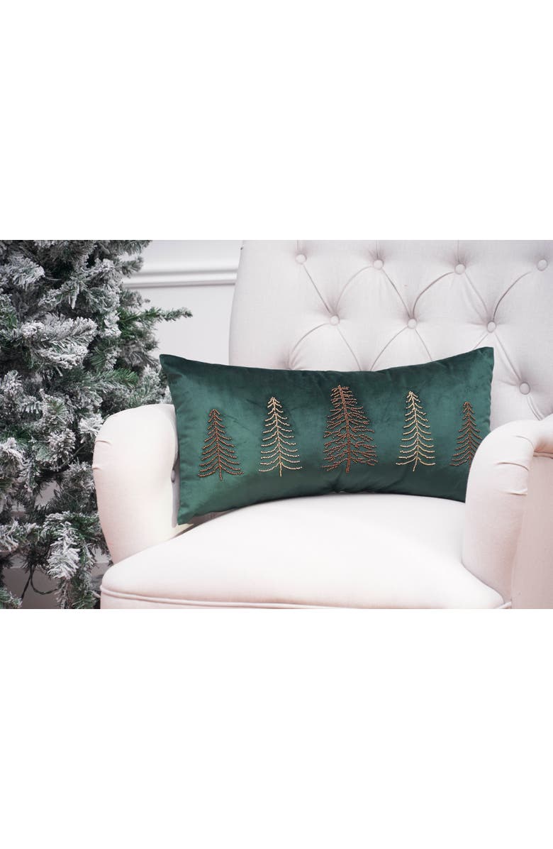 C&F Home Beaded Christmas Evergreen Trees Embroidered Emerald Accent Throw Pillow 12" x 24", Alternate, color, Green