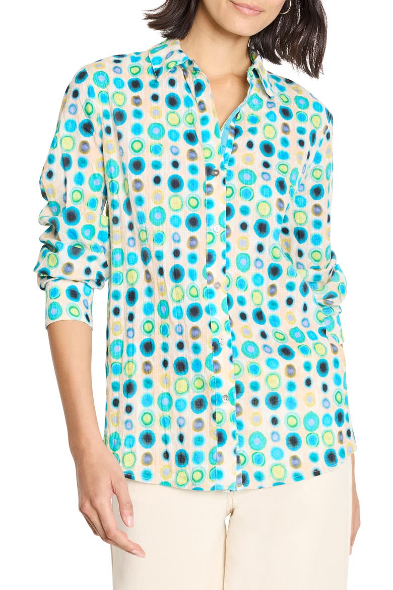Bright Spot Crinkled Cotton Button-Up Shirt, Main, color, AQUA MULTI