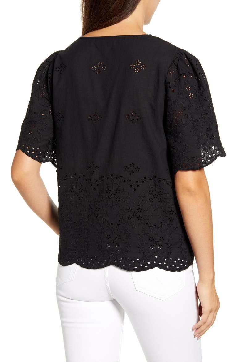 Nyla Flutter Sleeve Cotton Eyelet Top, Alternate, color, BLACK