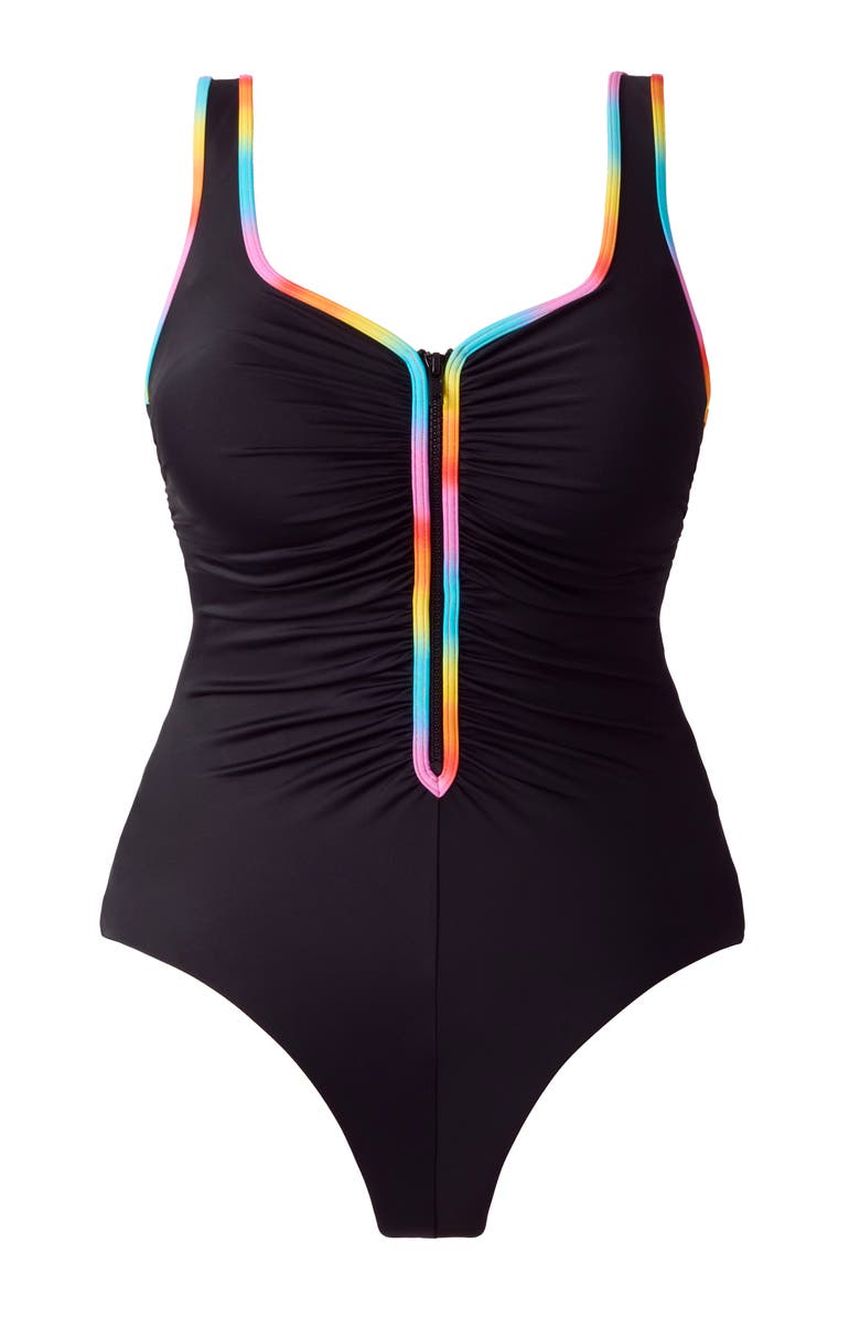 ShapeSolver Sport Shirred Zipper Tank Chlorine Resistant One-Piece Swimsuit, Alternate, color, Ombre Sorbet